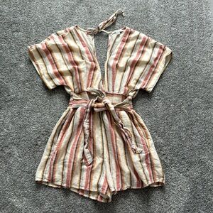 Striped V-Neck Tie-Waist Romper